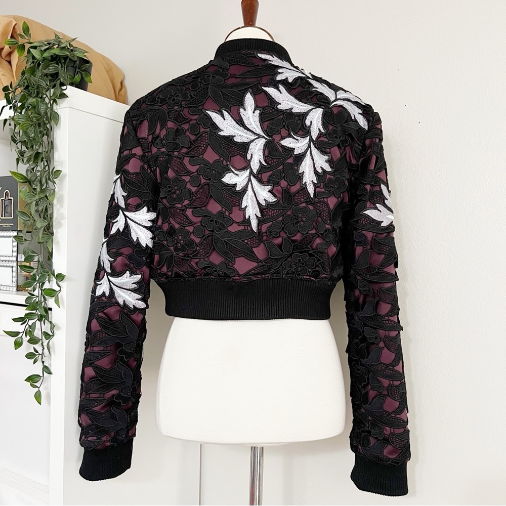 Self-Portrait Black Bomber Jacket with White Floral Embroidery and Burgundy Trim - Picture 7 of 12